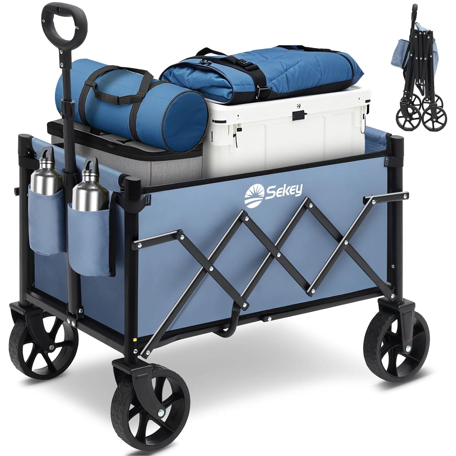 Sekey Carrinho dobrável de 65 l de carga/80 kg capacidade, carrinho de praia e travão e alça ajustável, compacto leve para supermercado/campismo mini 4029, azul