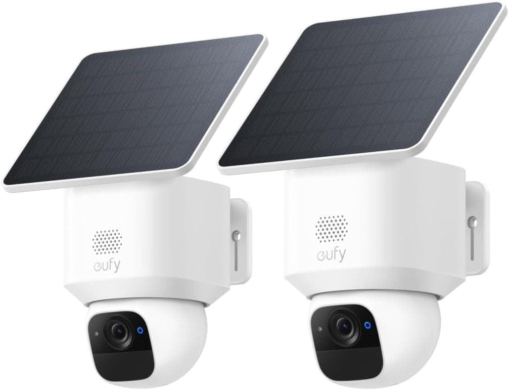 eufy Security SoloCam E30 Câmara de vigilância WiFi exterior, com energia solar, panorâmica de 360°, rastreamento por IA, clareza 2K, compatível com HomeBase S380, sem taxas mensais, pacote de 2