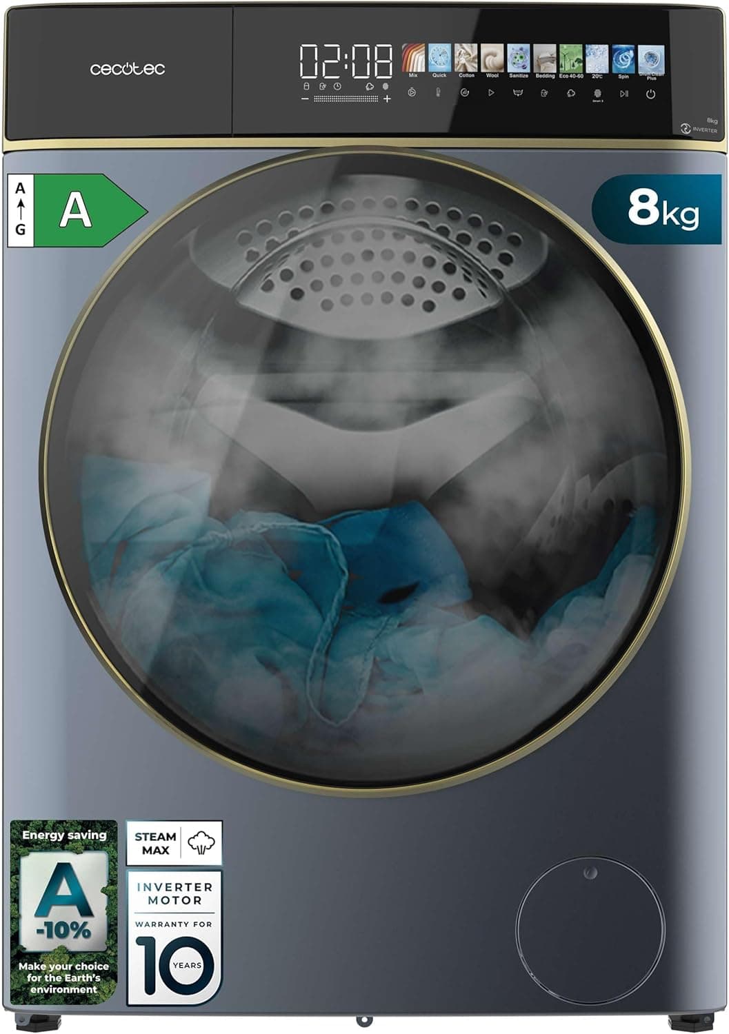 Cecotec Máquina de lavar 8 kg carga frontal Bolero DressCode 8900 Inverter FullColor Ice Blue A. Acabamento em azul 1400 rpm, ecrã 10,3", 11 programas, inverter, SteamMax, classe