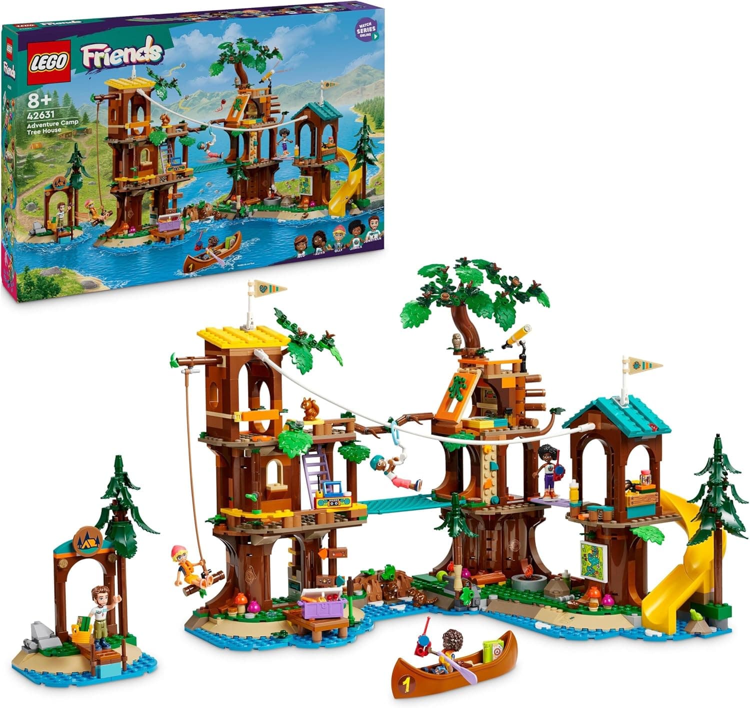 Lego Friends Acampamento de aventura: Casa de árvore com 5 animais de brinquedo, presente para meninas e meninos de 8 anos ou mais, 5 mini bonecas e boneco e figura de coruja, casa de bonecas 42631