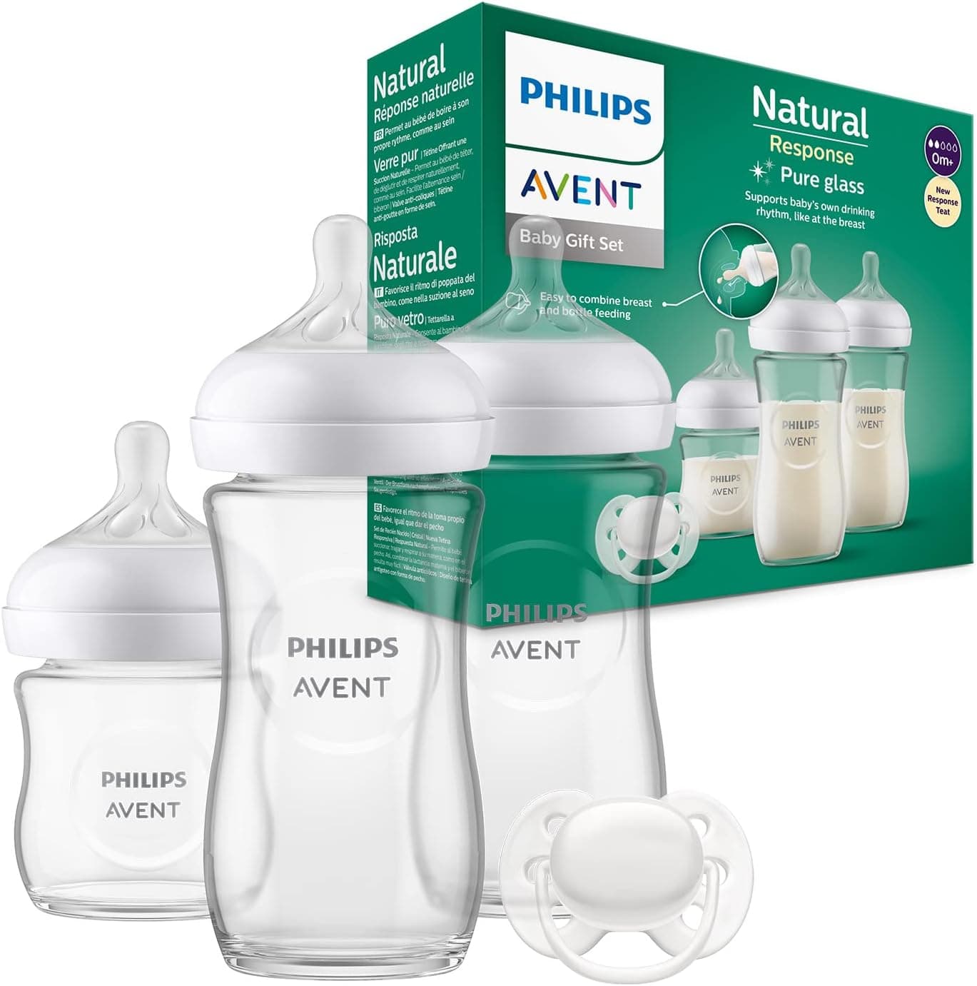 PHILIPS Avent Set de presente de biberão de vidro para recém-nascidos: 3 biberões, chupeta ultra macia para bebés de 0-6 meses (modelo SCD878/11)