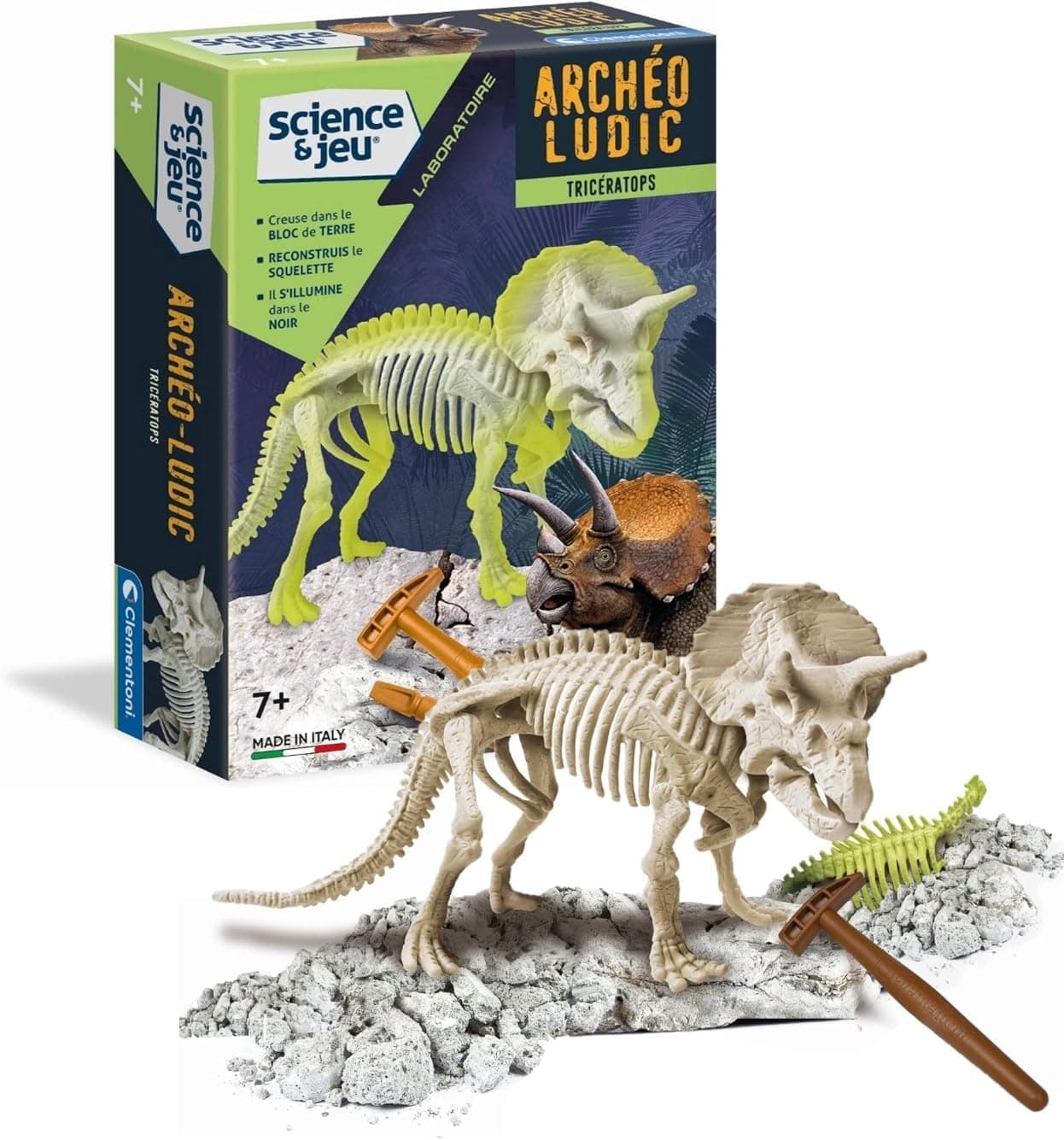 Clementoni - 52069-Arqueo Ludic Triceratotops - Fosforescente-jogo científico