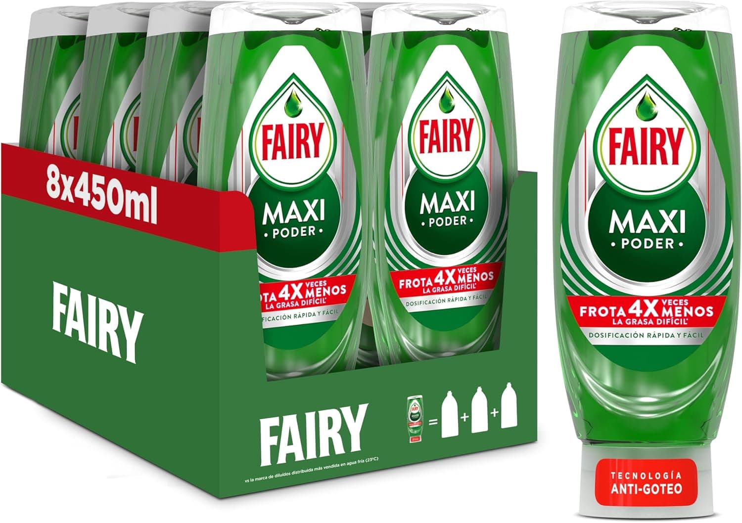Fairy Maxi Poder Lava-louças líquido à mão, 3,6 l (8 x 450 ml), com poder anti-gordura, limpeza fácil pratos, panelas e frigideiras mais gordas