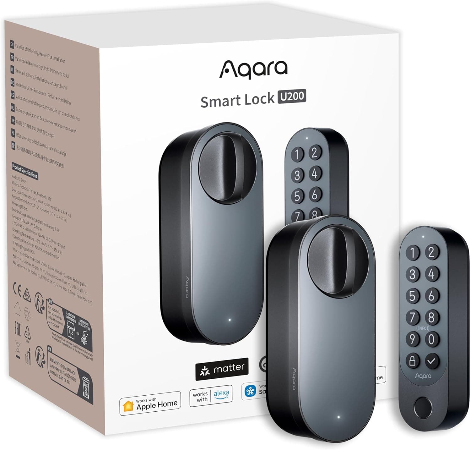 Aqara Fechadura inteligente U200 com leitor de impressão digital, Matter over Thread, fechadura eletrónica sem chave com Apple Home Key e bateria recarregável, suporta Apple Home, Google Home, Alexa,