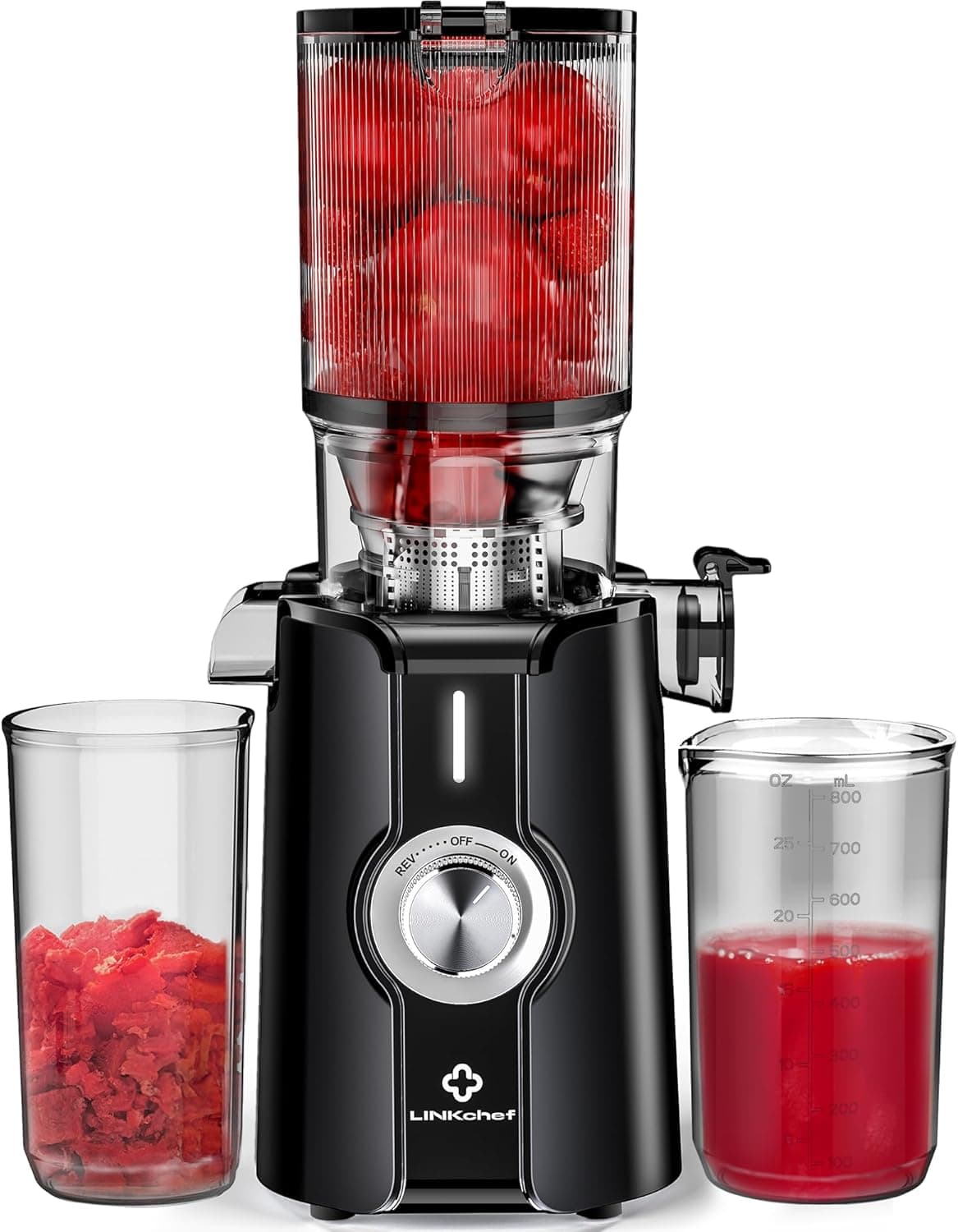 Limpeza rápida liquidificadora prensado a frio, sem preparação 115 mm Slow Juicer, LINKChef Extrator de sucos de legumes e frutas inteiras de prensagem a frio, fácil de limpar, 1,2 L, 200 W