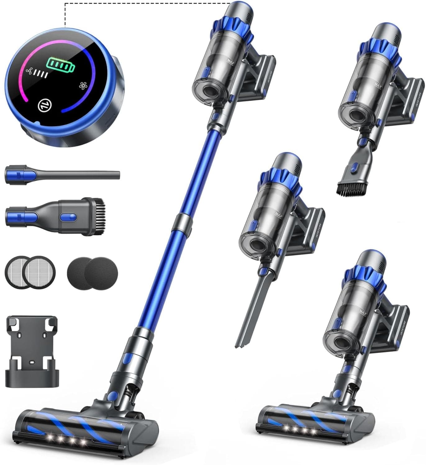 INTETURE Aspirador sem cabo potente 450 W/40 Kpa/55 m bateria, aspirador sem cabo de modo automático, ecrã tátil, escova anti-emaranhado aspirador para animais de estimação, pisos de madeira, tapetes