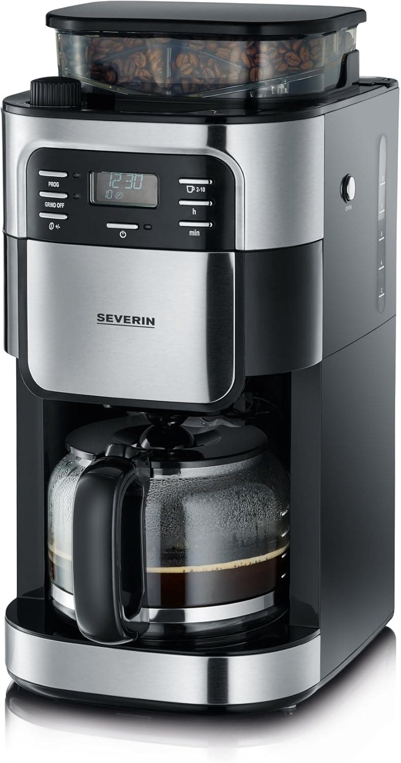 SEVERIN - Cafeteira de gotejamento com moedor para 10 chávenas, cafeteira de filtro / cafeteira americana com jarra de vidro de 1 l, ecrã LED com temporizador, aço inoxidável / preto, KA 4810