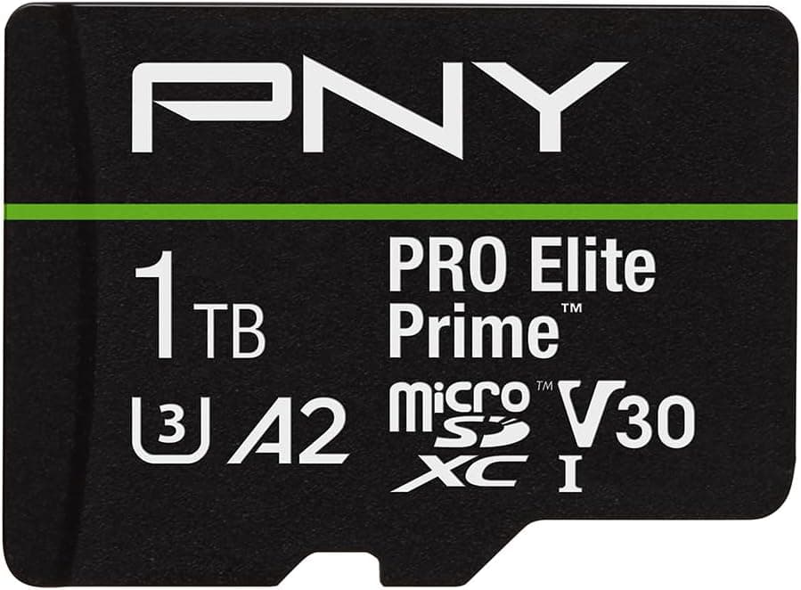 PNY Placa microSDXC 1TB Pro Elite Prime Class 10 U3 V30 A2 + adaptador SD - até 200 MB/s, Class 10, U3, V30, A2, 4K UHD, Full HD, UHS-I