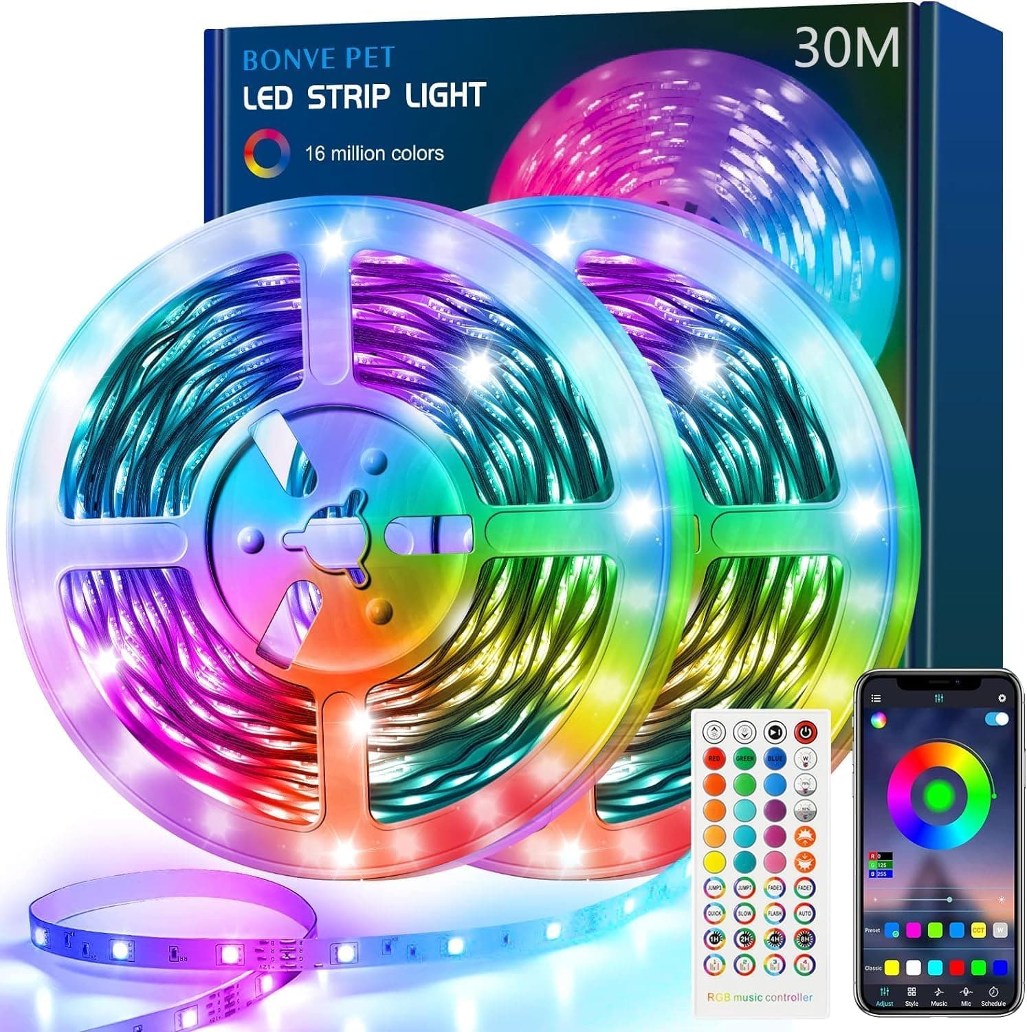 Luzes LED, Bonve pet tiras led de 30 m, luzes LED para quarto, faixa LED RGB Bluetooth, controlo remoto e aplicação, 16 milhões de cores, Led Strip Light para decoração Natal casa festa TV cozinha