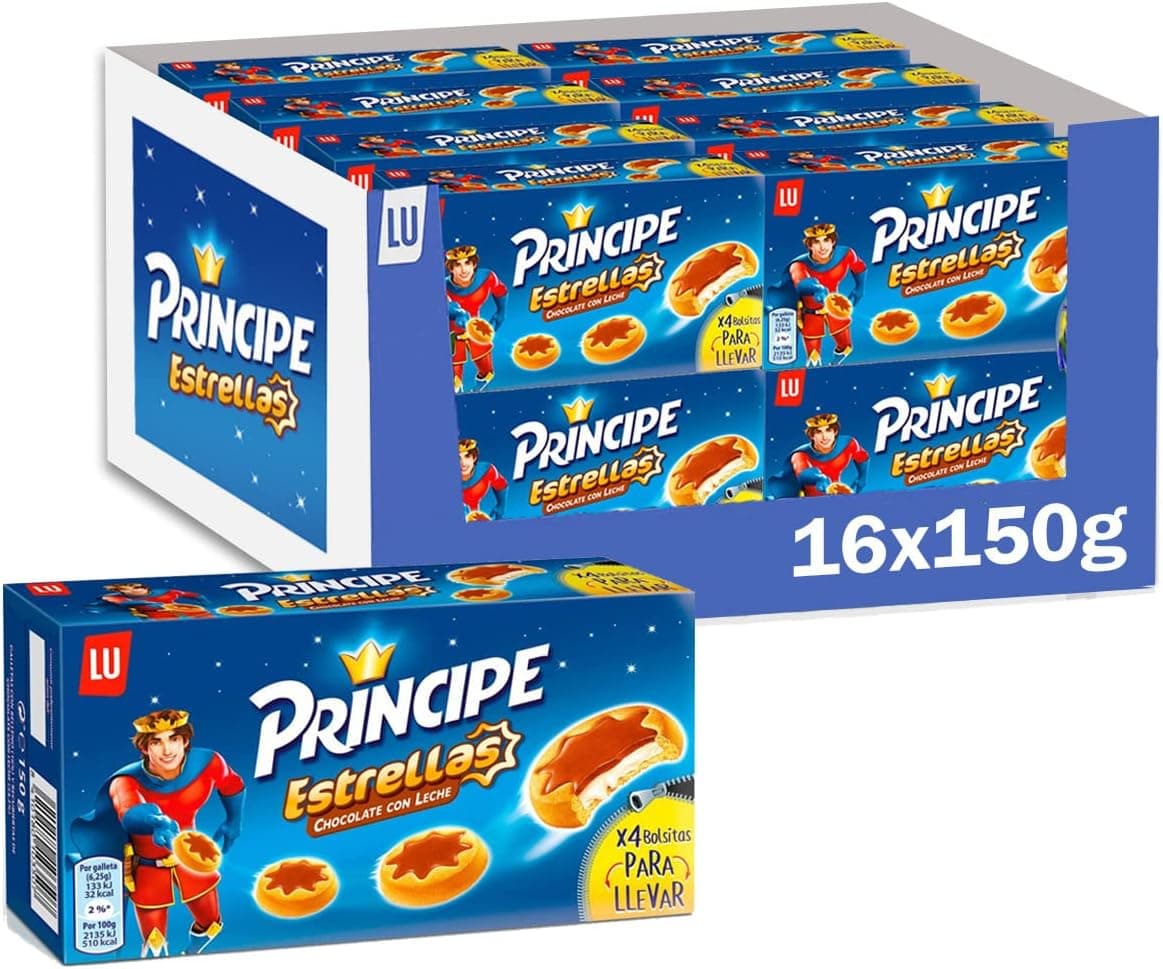 Príncipe Estrelas bolachas cobertas com chocolate com leite e enchimento de leite em forma de estrela, 150 g, pack de 16