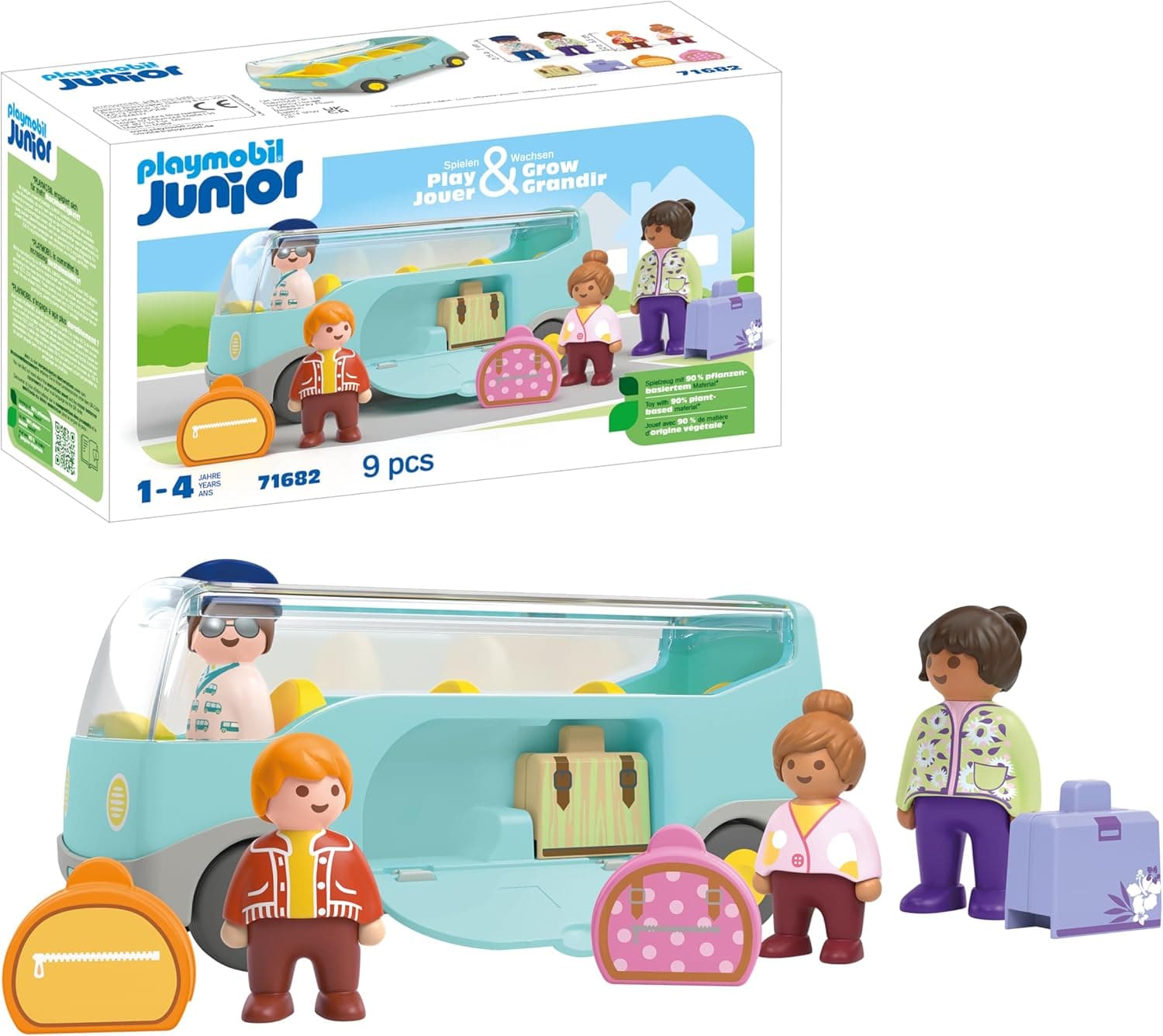 PLAYMOBIL Junior 71682 Autocarro, inclui peças de bagagem e quatro figuras, brinquedo sustentável feito de plásticos à base de plantas, brinquedos para crianças a partir de 1 ano