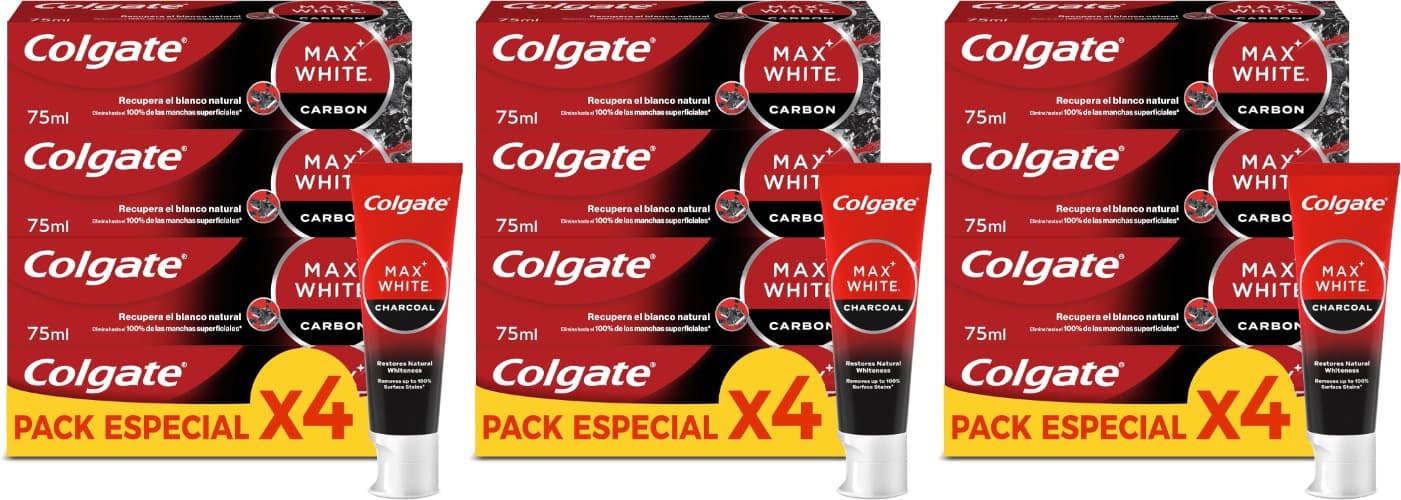 Colgate Max White com carvão ativado pasta de dentes branqueadora, pack de 12 x 75 ml