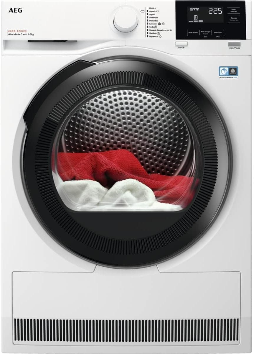 AEG TR818A4OB Secador com bomba de calor de 8 kg, instalação livre, motor inverter, função de vapor, programa rápido, secagem mista e antibacteriana, série 8000, branco, A++ +, fabricado na UE