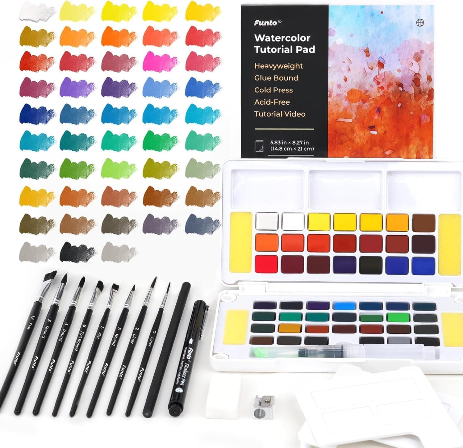 Funto Conjunto de aguarelas, 48 cores, bloco de tutoriais, 8 pincéis, lápis, marcador fino, borracha, fita, afiador, frasco de spray, conjunto de pintura para adultos, principiantes