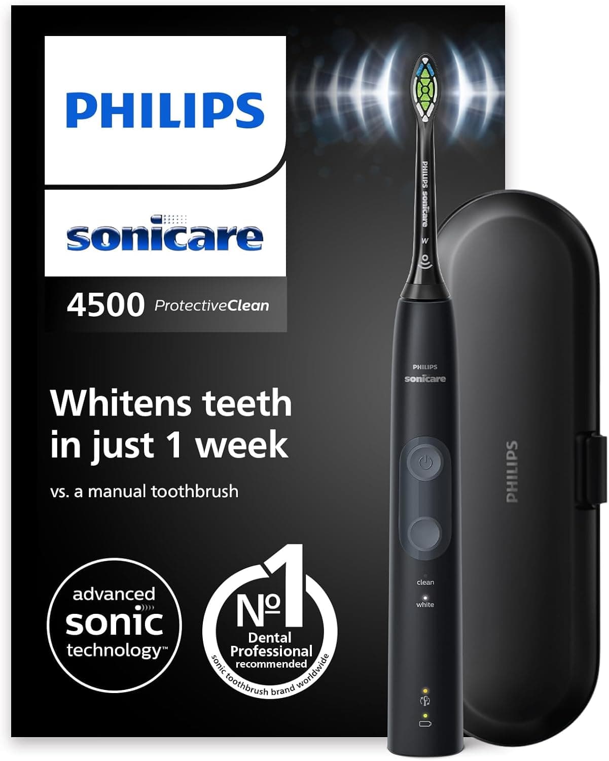 Philips Sonicare ProtectiveClean 4500 escova de dentes elétrica, escova de dentes sónica com 2 modos de escovagem, sensor de pressão, temporizador e estojo de viagem, preto, modelo HX6830/53