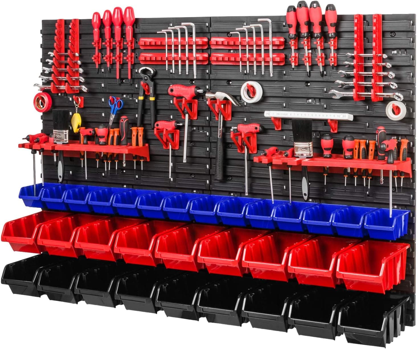 PAFEN Sistema de armazenamento: 1152 x 780 mm, prateleiras de parede com caixas de empilhamento, suporte para ferramentas, prateleira de parede extra forte (azul/vermelho/preto)