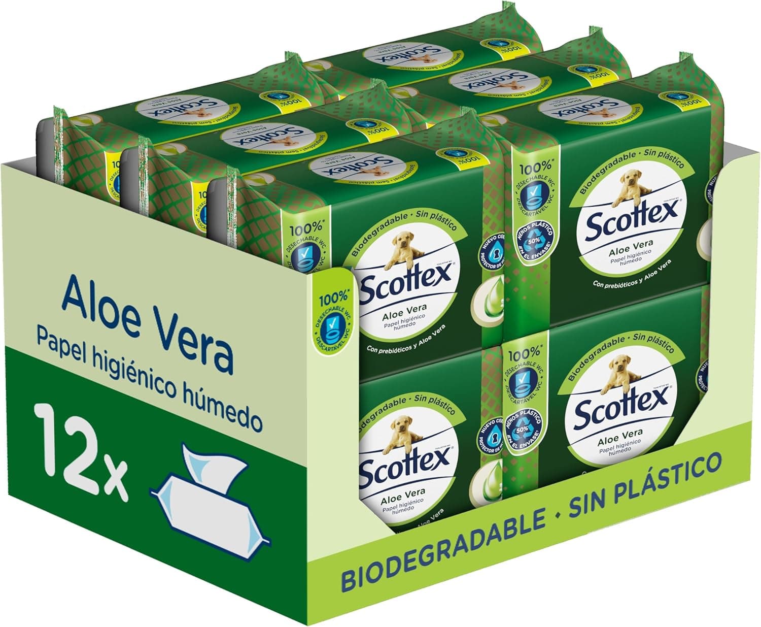 Scottex Papel higiénico húmido com aloé vera e prébióticos, biodegradável e sem plástico, caixa de 12 pacotes de 66 serviços, total 792 toalhas húmidas descartáveis por WC