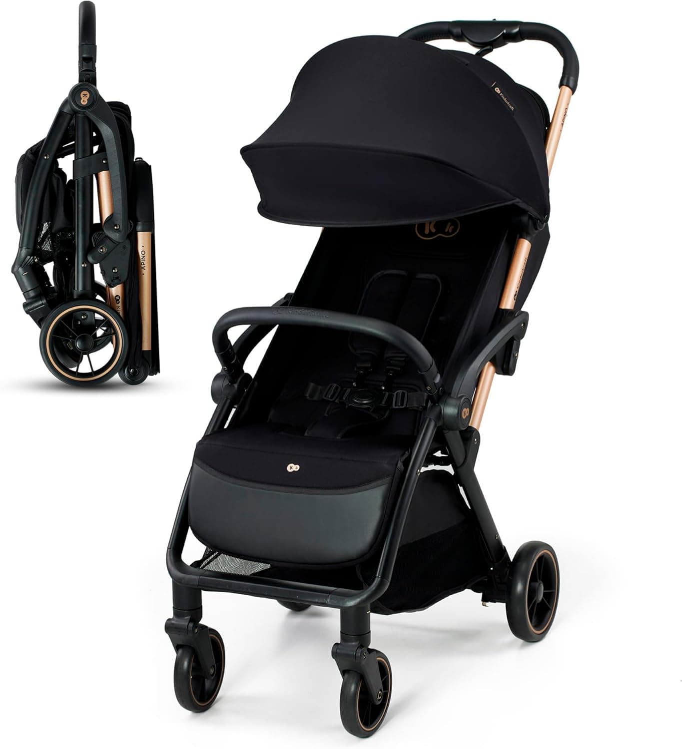 Kinderkraft APINO Cadeira de passeio para bebé, carrinho, carrinho de bebé, carro FOLDING, dobrável automático, posição reclinada, posição deitada, leve, 7,5 g, impermeável, carga máxima 24 kg, preto