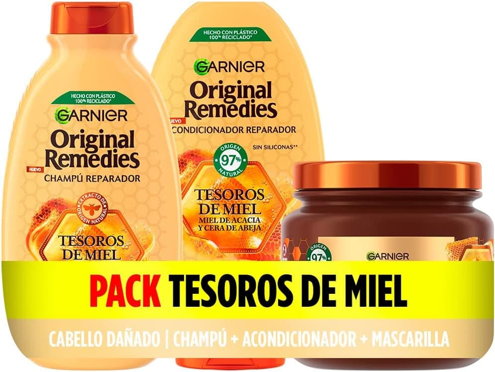 Garnier Original Remedies, pack champô, condicionador e máscara para cabelo danificado e quebra-cabeças, neutro intensamente e revitaliza, tesouros de mel, conjunto de 3 produtos
