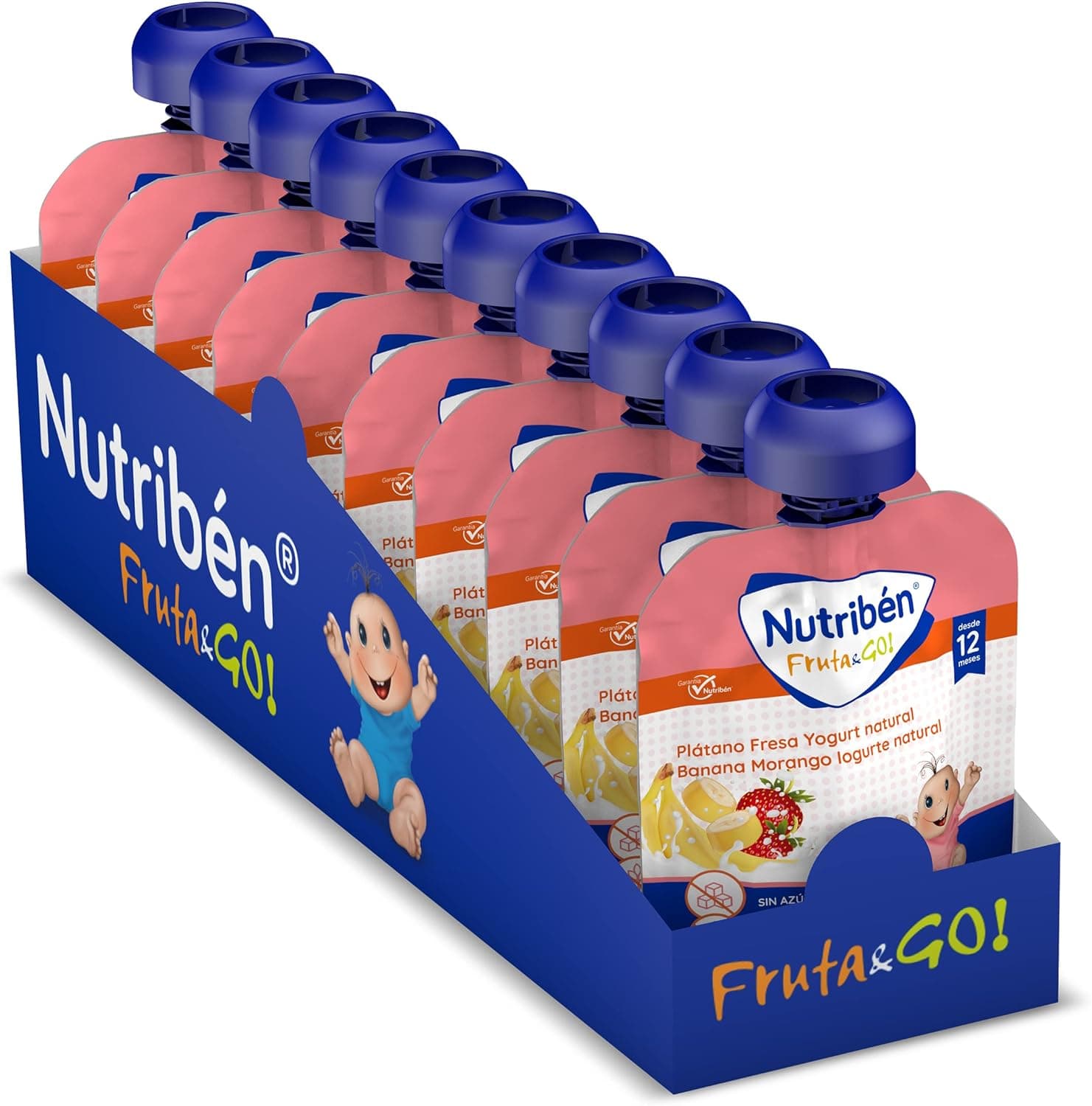 Nutribén Fruta And Go Saco 100% de puré de frutas, natural, banana morango e iogurte natural, conjunto de 10 unidades x 90 g