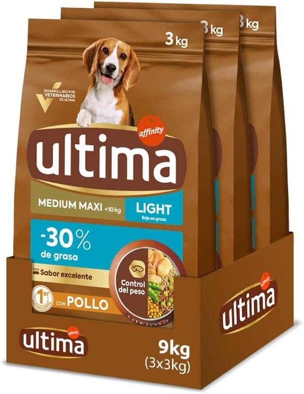 Ultima Medium-Maxi Light In Fat Frango | Ração seca para cão de porte médio e grande com baixo teor de gordura, 3 sacos de 3 kg
