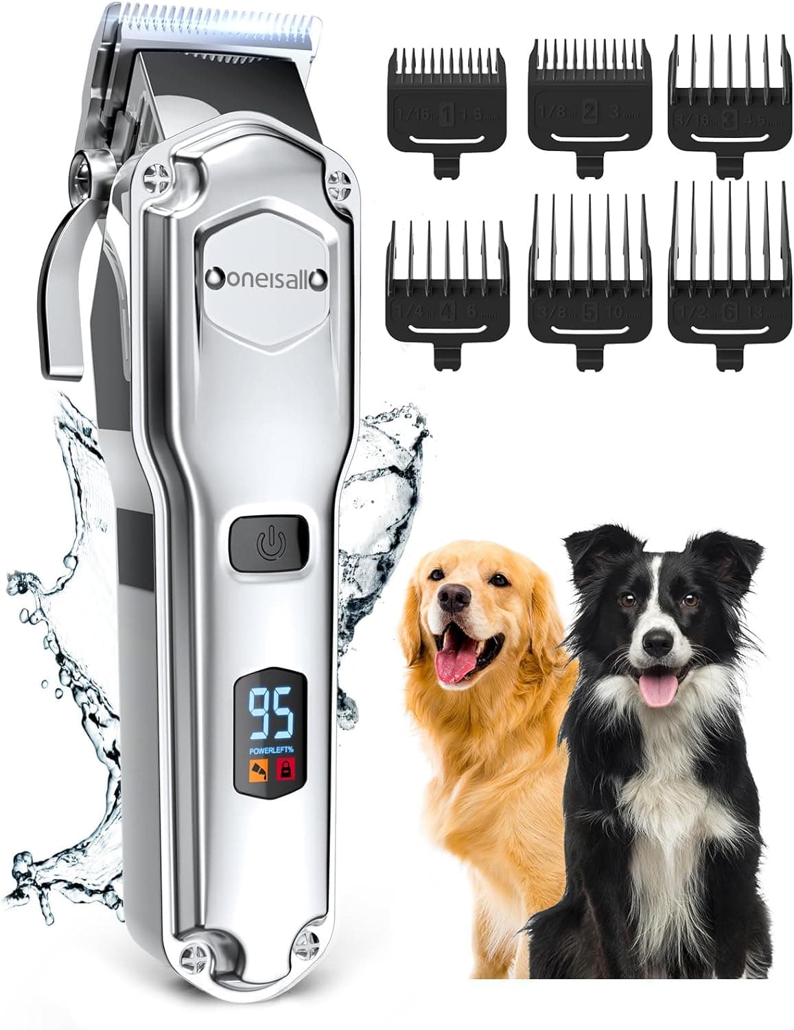 oneisall Premium Máquina de cortar pelo cães, IPX7 todo o corpo lavável máquina sem fios corta-pelos adequado para cabelo comprido e grosso (prateado)