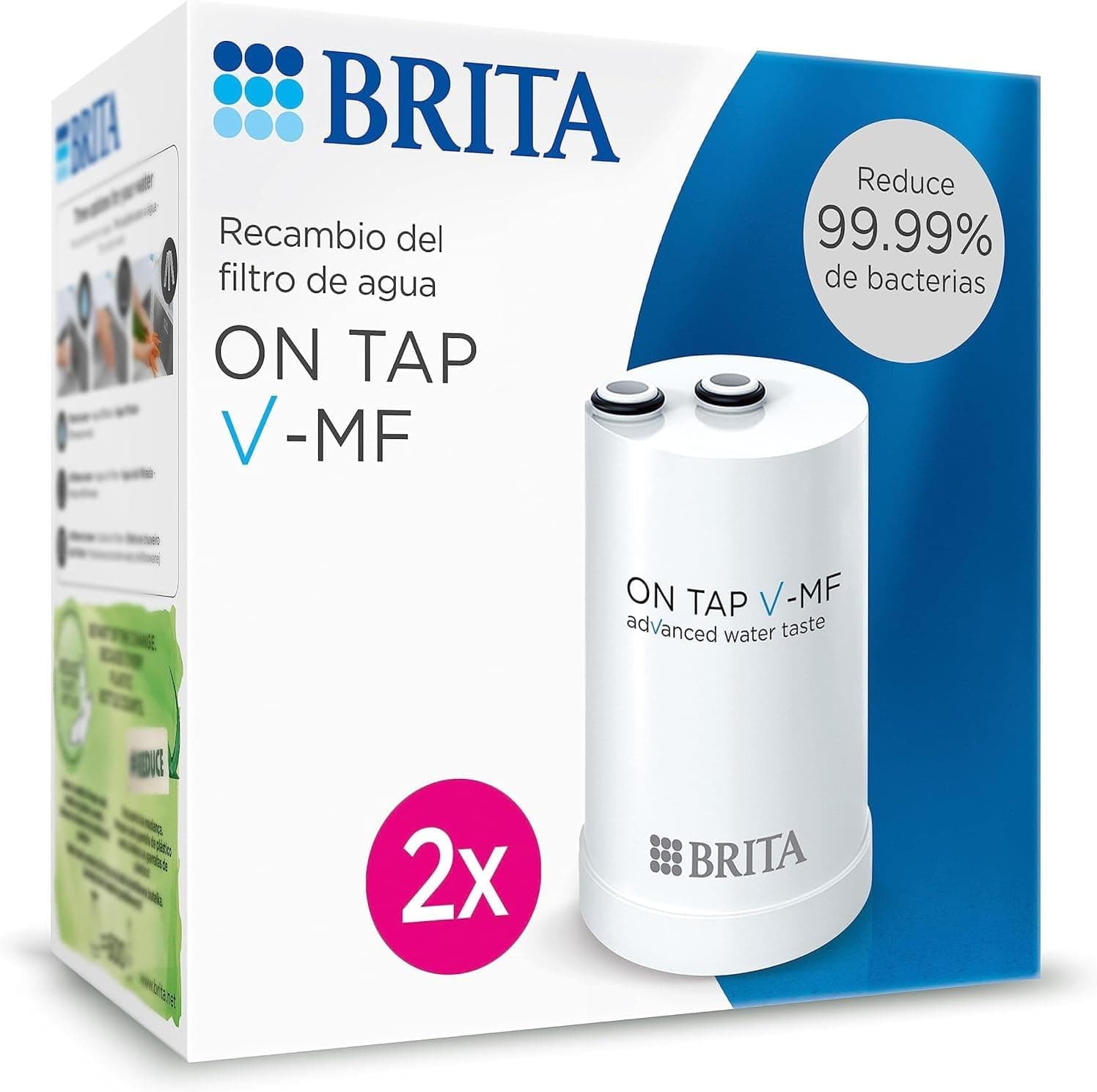 BRITA ON TAP V-MF 2 cartucho de filtro de água (600 L) - água sustentável, sem bactérias a 99,99 %, sabor melhorado, reduz micropartículas finas, PFAS, metais e substâncias que afetam o sabor.