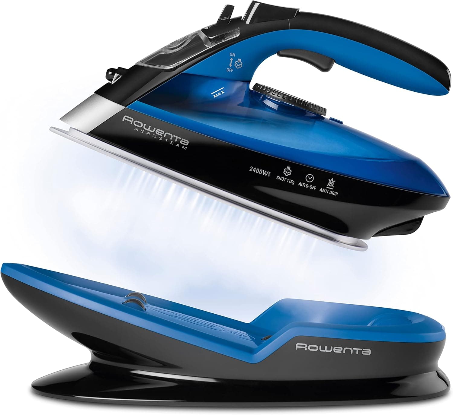 Rowenta DE5010D1 Freemove Ferro a vapor sem cabo com golpe de vapor, 115 g/min, 2400 W, 250 ml, sola microsteam 400 laser, azul/preto