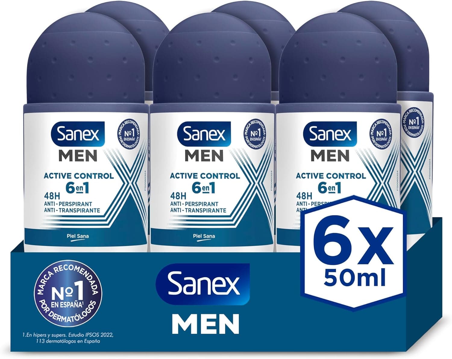 Sanex Men Active Control desodorizante Roll-On para homem, pack 6 unidades x 50 ml, proteção 48 H, antirrespirável, anti-irritação, 0% álcool, combate ao mau odor, longa duração