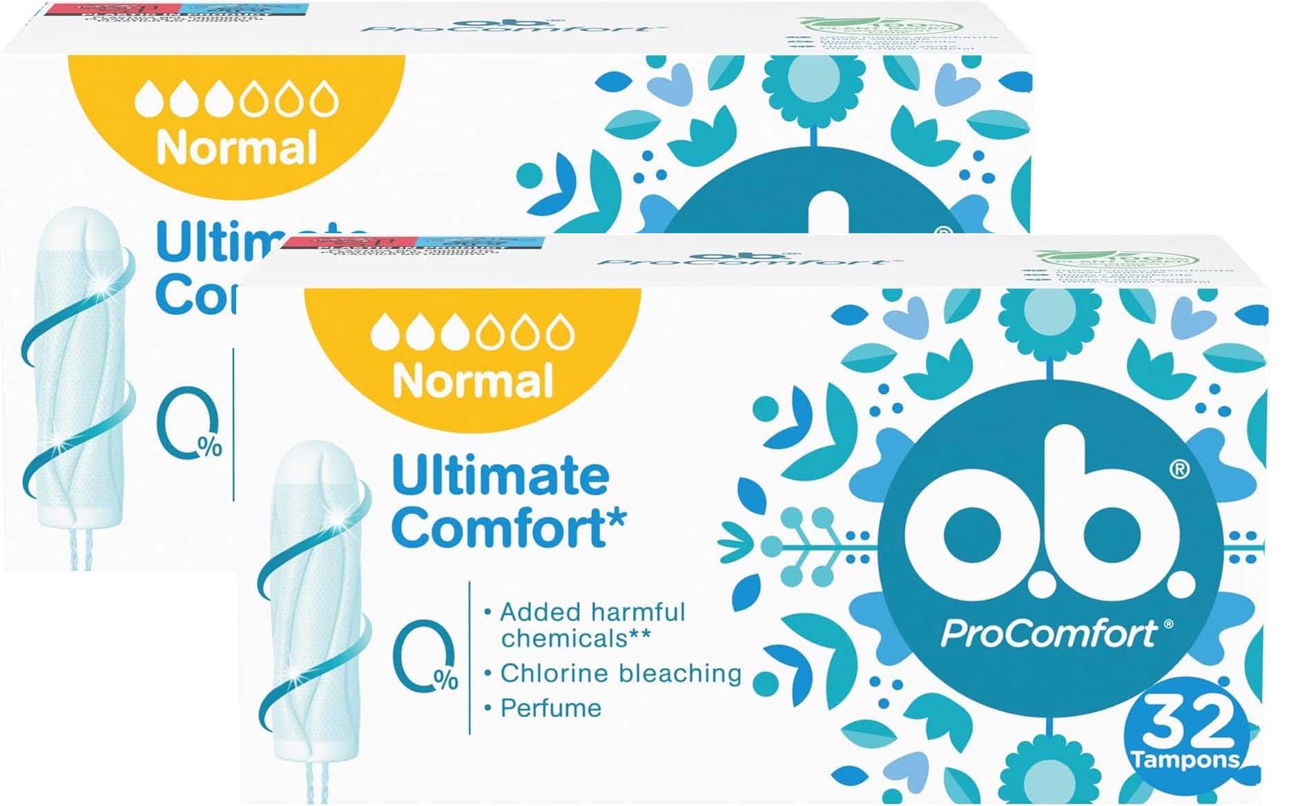 Tampões OB ProComfort normal, tampões de absorção normal sem produtos químicos nocivos, branqueamento com cloro ou fragrância, tampões sem aplicador, 32 unidades