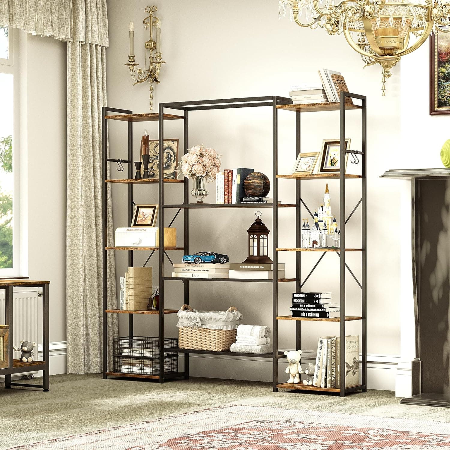 YITAHOME Prateleira, livraria industrial para livros com 13 prateleiras, estante de pé com estrutura de metal, prateleira de armazenamento, para sala de estar, escritório em casa, castanho rústico