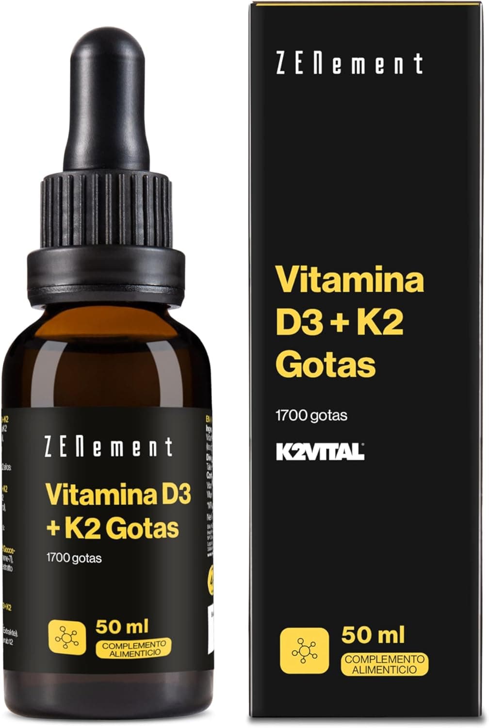 Vitamina D3 K2 Gotas - 1700 gotas por frasco - K2VITAL® MK-7 All-Trans 99,7% e vitamina D3 natural de lanolina - alta biodisponibilidade em óleo MCT de coco - Zenement