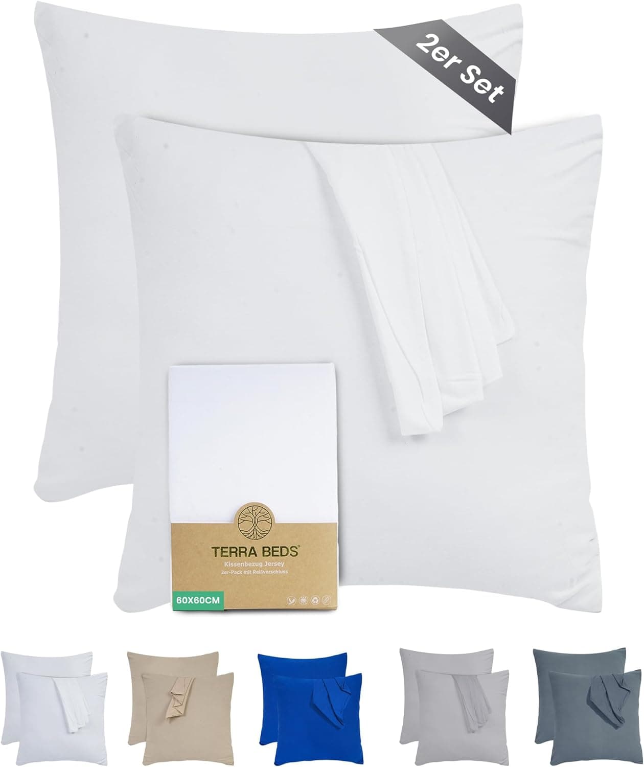 Terra Beds | Conjunto de 2 fronhas em algodão jersey com fecho, 60 x 60 cm, brancas