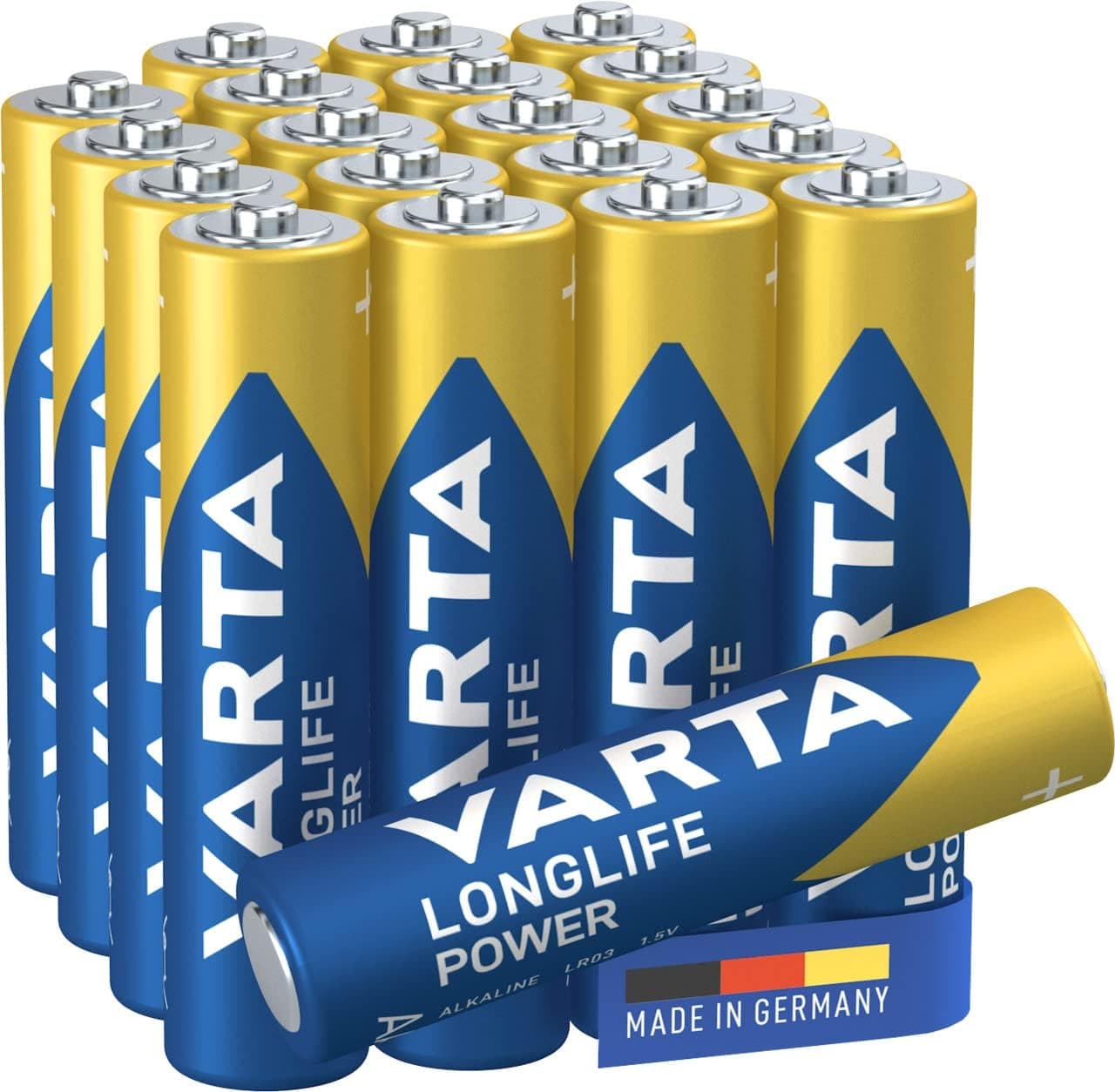 Varta Pilha Longlife Power AAA Micro LR03 (embalagem de 20 unidades), pilha alcalina - "Made in Germany" - Adequado para brinquedos, lanternas, comandos e outros aparelhos que funcionam a pilhas