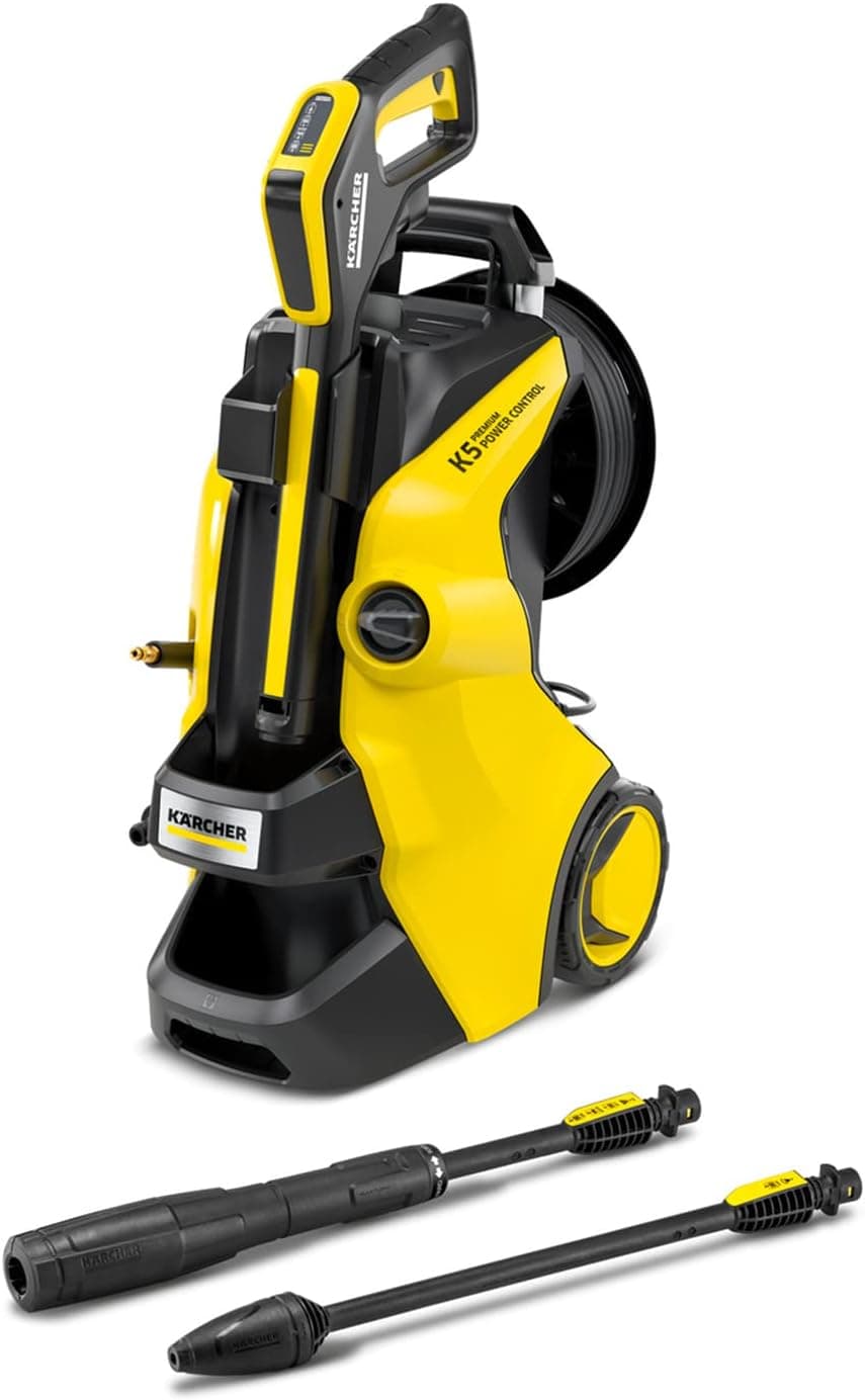 Kärcher Hidro-limpador K 5 Premium Power Control, 145 bar, fluxo: 500 l/h, Desempenho de superfície: 40 m²/h, Home & Garden app, enrolador de mangueira, pistola, turbo, preto e amarelo