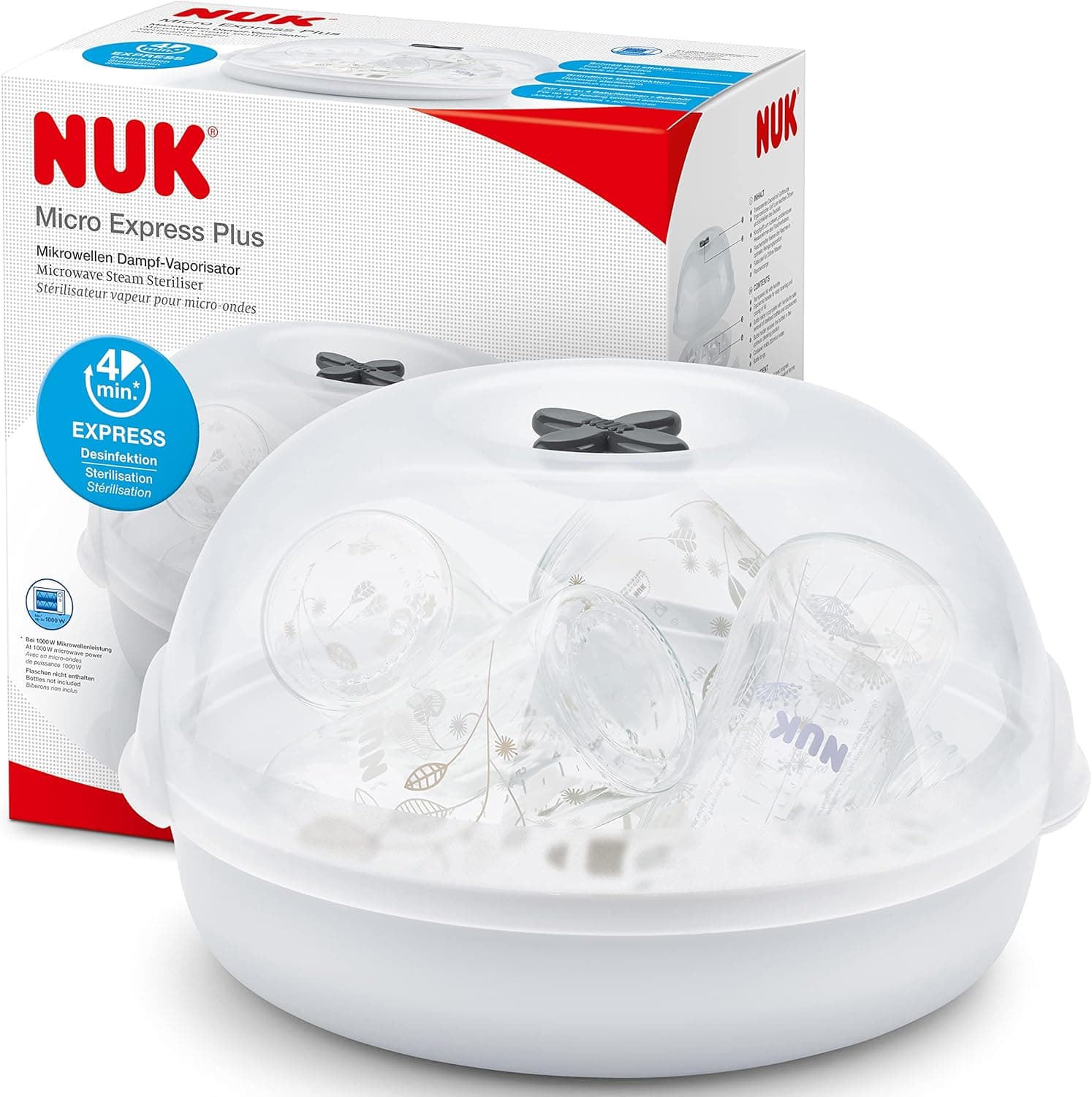 NUK Esterilizador de biberões para micro-ondas Micro Express Plus | Esteriliza até 4 biberões e acessórios em 4 minutos, adequado para a maioria dos micro-ondas, pinças para extração higiénica