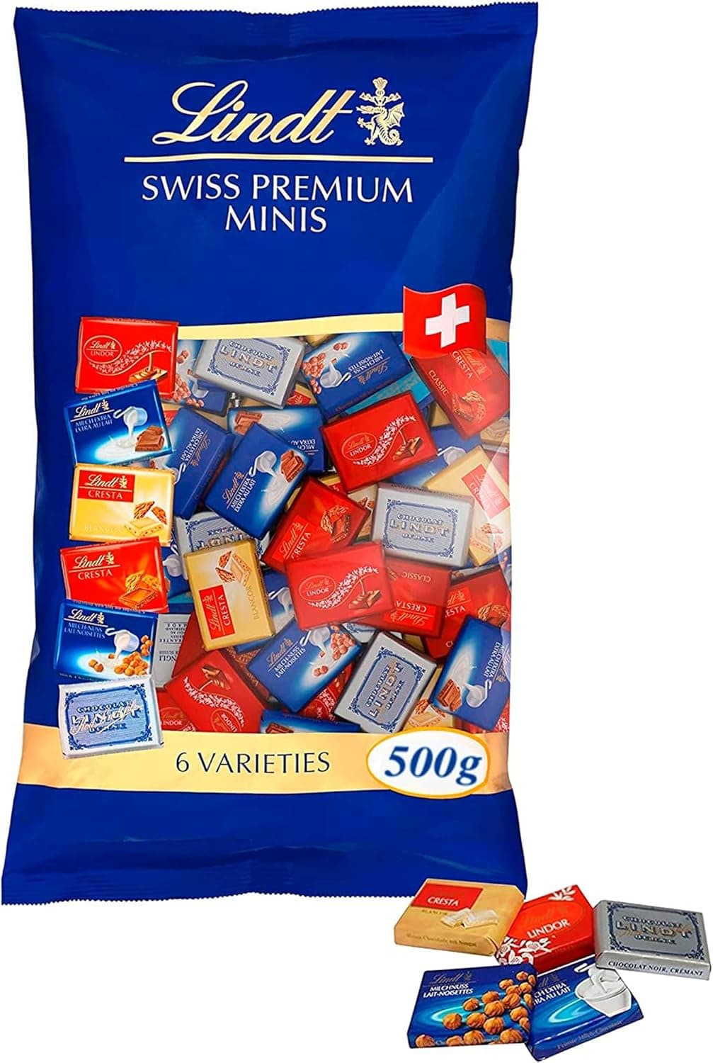 LINDT Napolitanas Suíças, contém uma variedade de minitabletes de chocolate embrulhados individualmente, chocolate com leite, chocolate branco, chocolate preto, chocolate com avelãs, aproximadamente