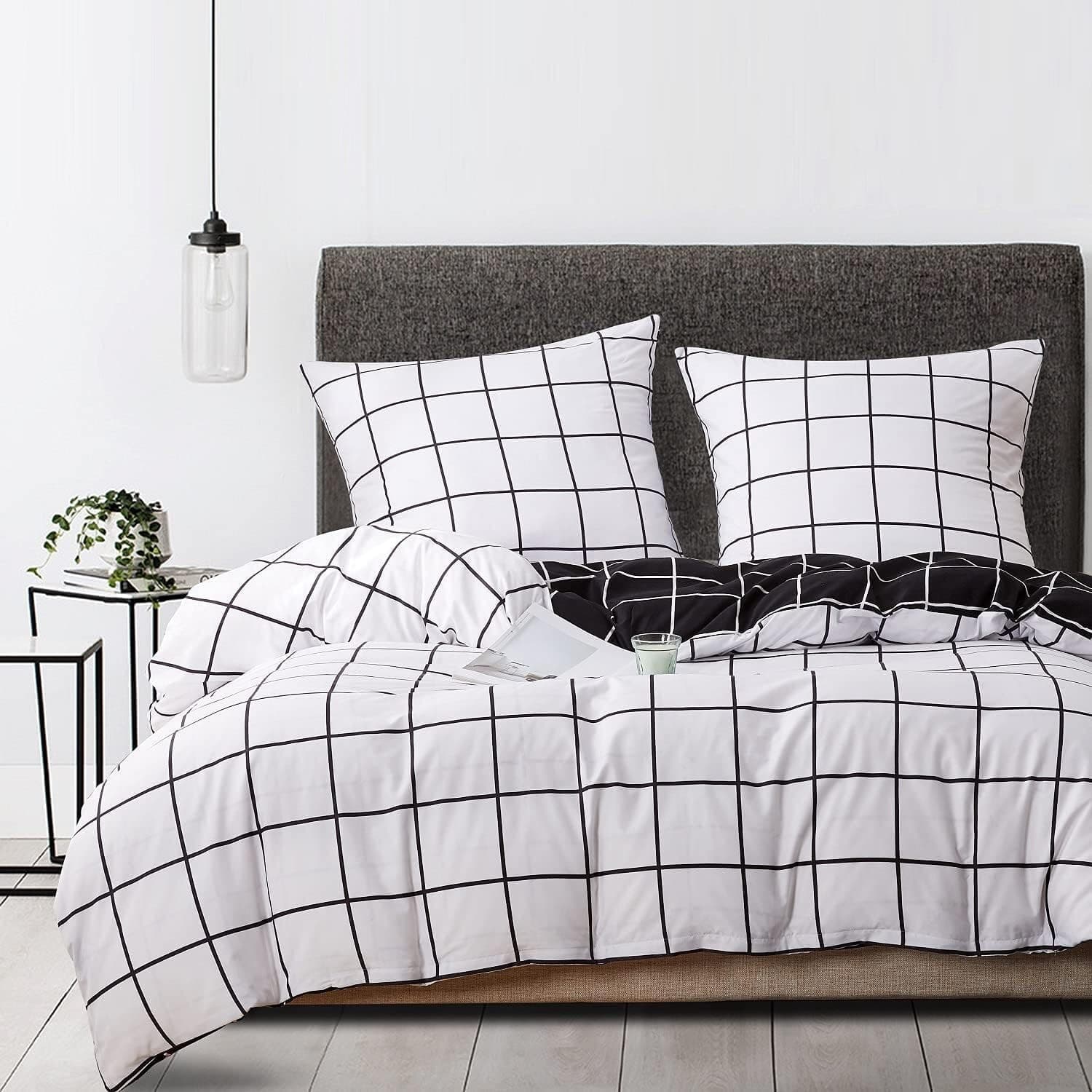 Luofanfei - Conjunto de cama (140 x 200 cm, design quadriculado, para adultos, capa de edredão moderna, geométrica, roupa de cama, com fecho de correr, 1 x 65 x 65 cm, fronha de almofada