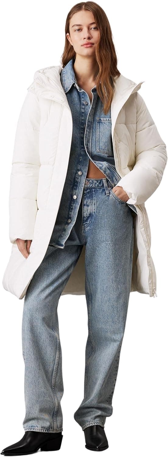 Calvin Klein Abrigo Mujer Logo Belt Long Puffer con Cinturón M Blanco (Ivory)