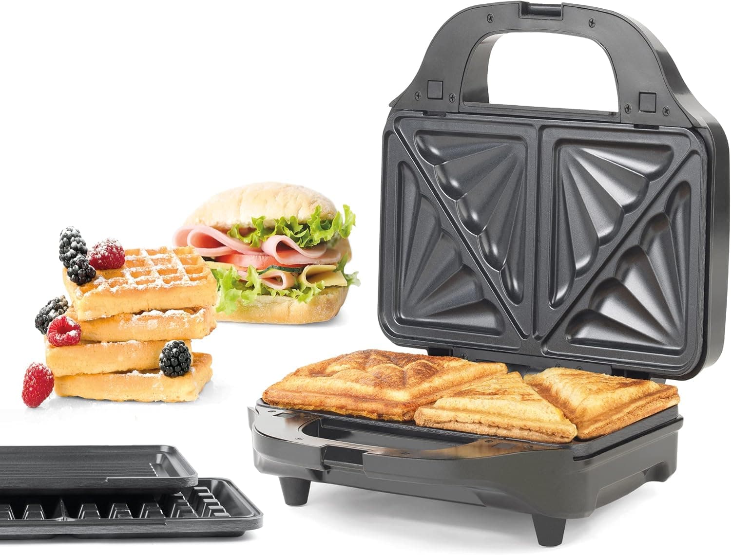 Aparelho para preparar aperitivos Petra PT2143TVDEEU7 3 em 1 XL, placas antiaderentes e fáceis de limpar (28,5 cm), máquina de lavar elétrica de 900 W, prensa para paninis, sanduicheira e alças de
