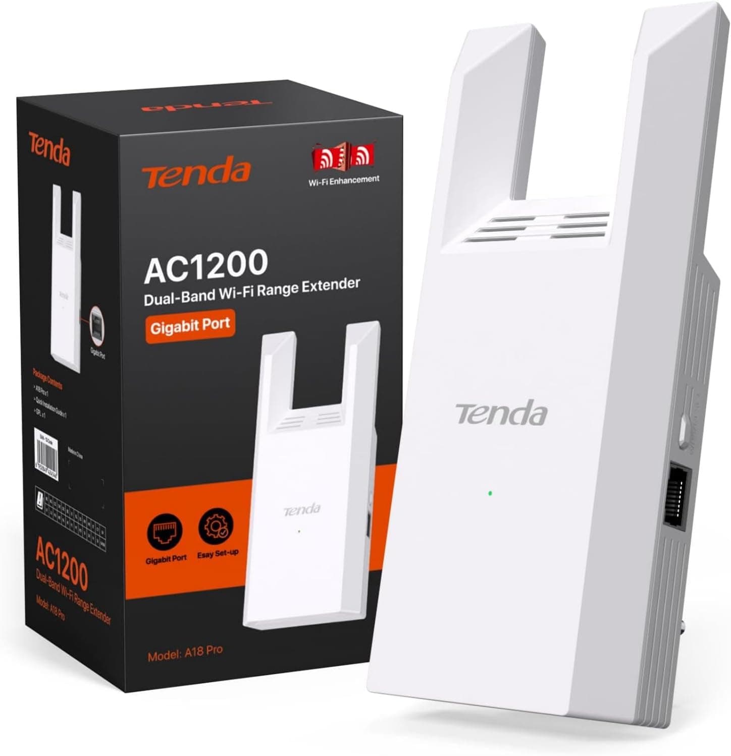 Tenda A18 Pro Repetidor WiFi, A1200 Amplificador de sinal Wi-Fi de dupla banda, 5 GHz/2,4 GHz, amplificador de sinal Wi-Fi com Ap, antena 3dBi, porta Gigabit, WPS, LED inteligente, WPA2, controlo por