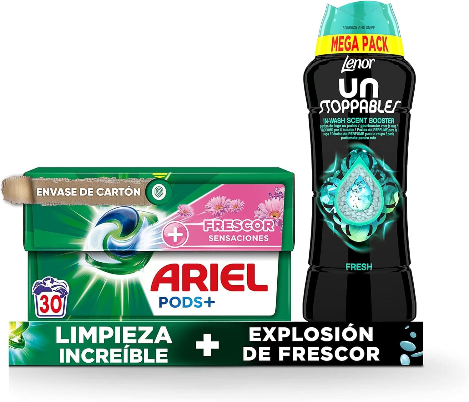 ARIEL PODS Tudo em 1 detergente máquina de lavar líquido em cápsulas, 30 lavagens, sabão mais frescura sensações Lenor Unstoppables Fresh pérolas impulsoras de fragrância 570 g