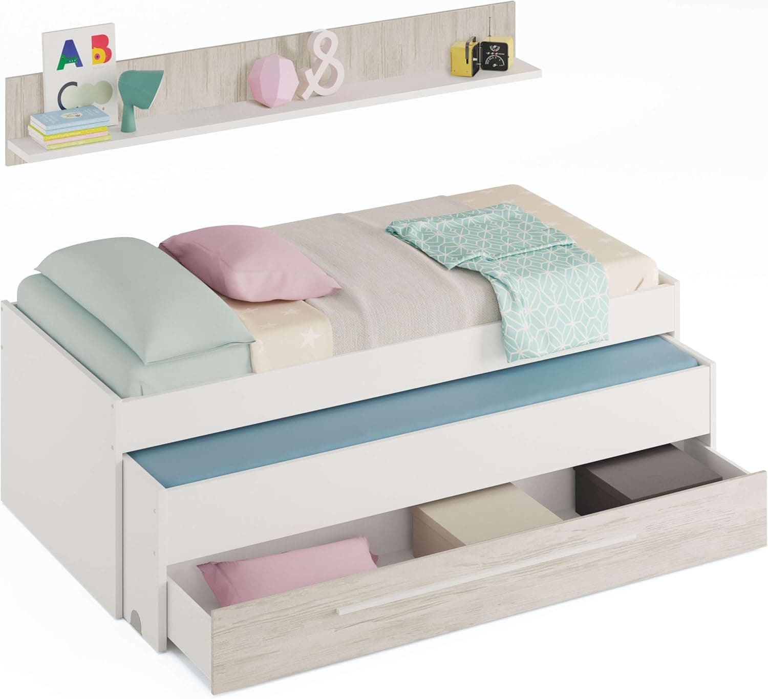 Habitdesign Youth Trundle Bed | Cama infantil com cama extra, gaveta e prateleira em branco ártico, 199 cm