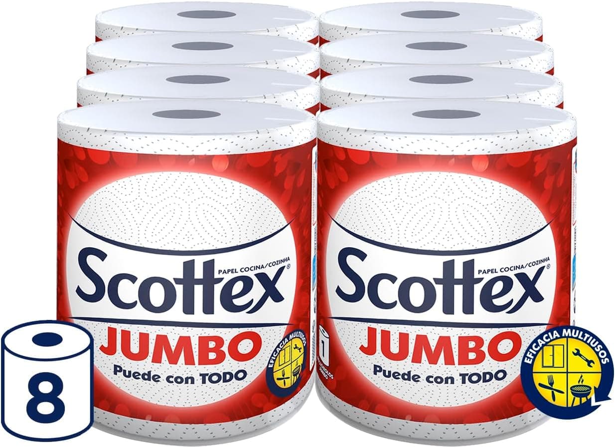 Scottex Jumbo Papel de cozinha de 8 rolos, eficácia multiusos com recipiente reciclável e fibras FSC