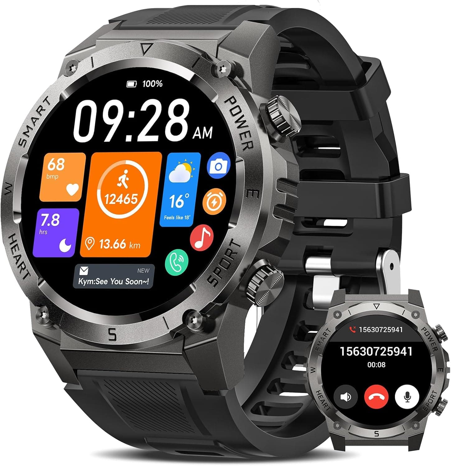 NAIXUES 2025 Relógio inteligente homem, 1,46" HD militar Smartwatch com chamadas Bluetooth, 500 mAh 110 modos desportivos pulseira atividade, 24/7 pulso / SpO2/sonho/podómetro, IP68, preto sim