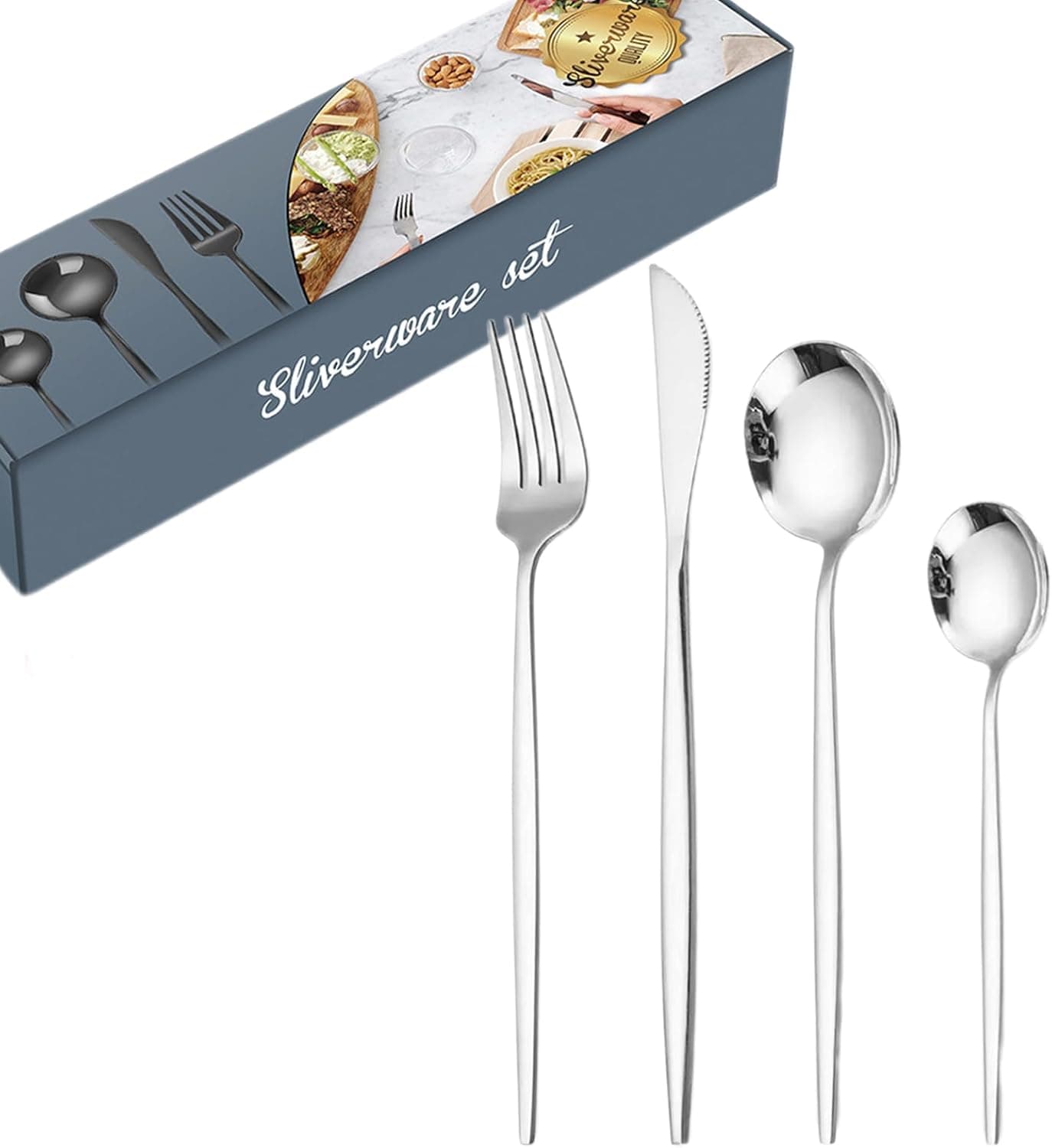 Conjunto de talheres para 6 pessoas, 24 peças conjunto de talheres de aço inoxidável, design moderno com acabamento polido, talheres com faca, garfo, colher, adequado para máquina de lavar louça