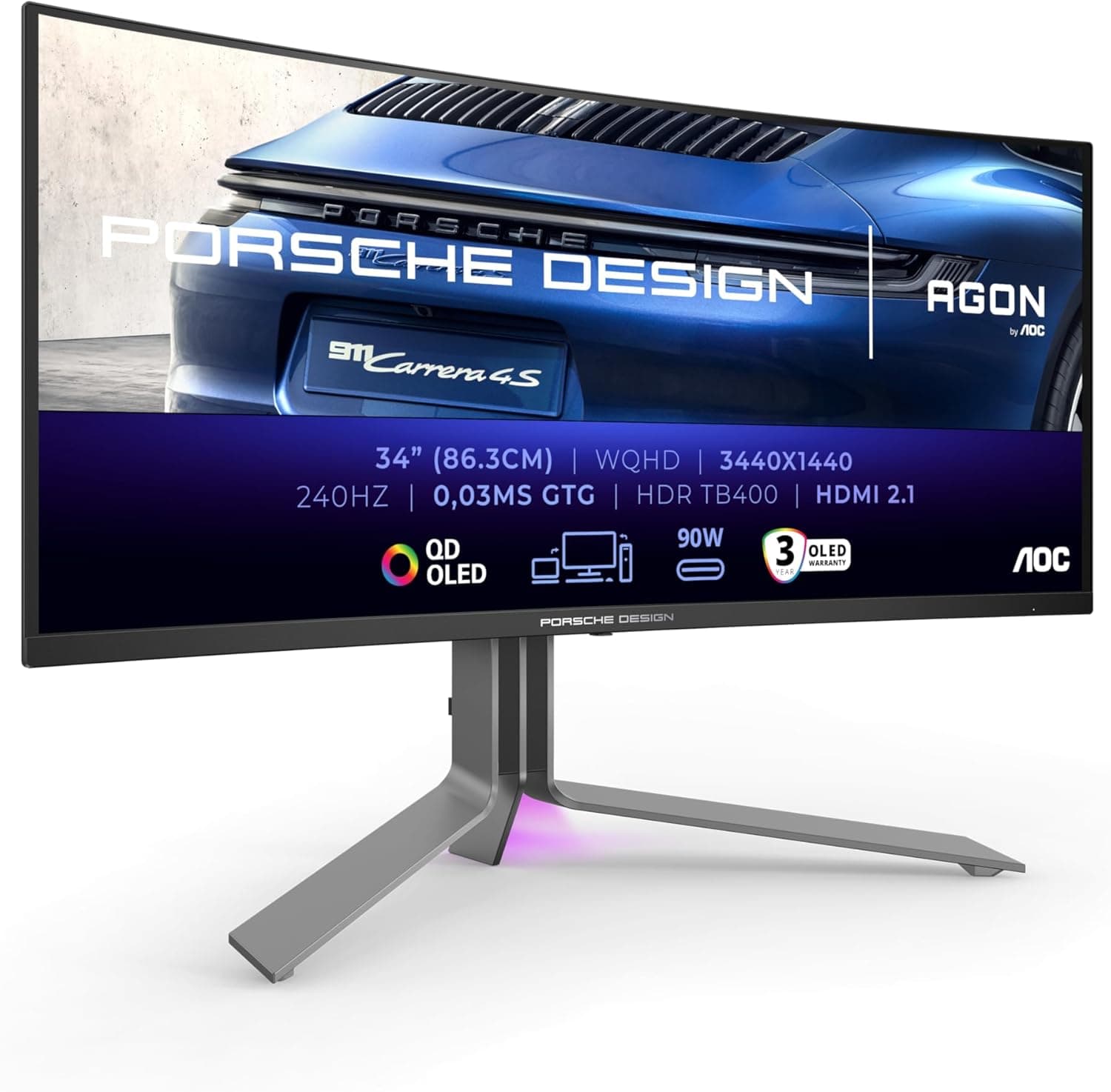 AOC Agon Pro PD34, Monitor Gaming OLED WQHD de 34 polegadas, 240 Hz, 0,03 ms, FreeSync Premium Pro, Comp. G-Sync, HDR400 3440x1440, 2X HDMI 2.1, DisplayPort, USB-C, 90W PD, Hub USB, preto, 240Hz