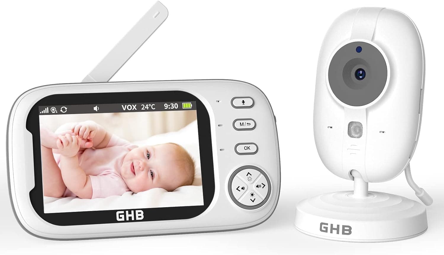 GHB Câmara de vigilância para bebés com câmara com LCD de 3,5" 720 P bateria de 2000 mAh visão noturna comunicação bidirecional VOX