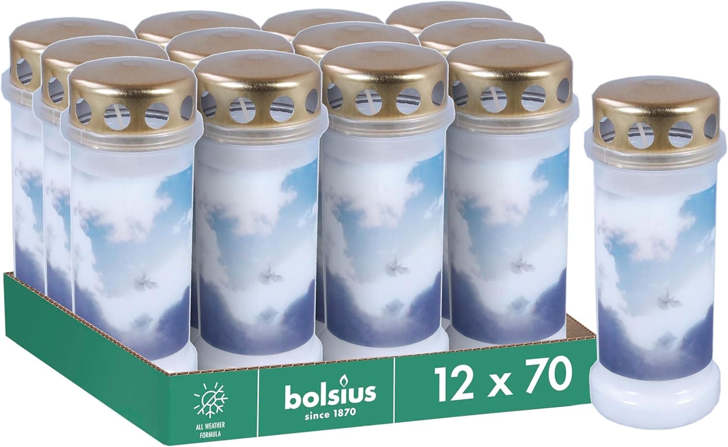 Bolsius Grave Light Sky | Velas brancas decorativas com design permanente, embalagem de 12 unidades e duração até 70 horas