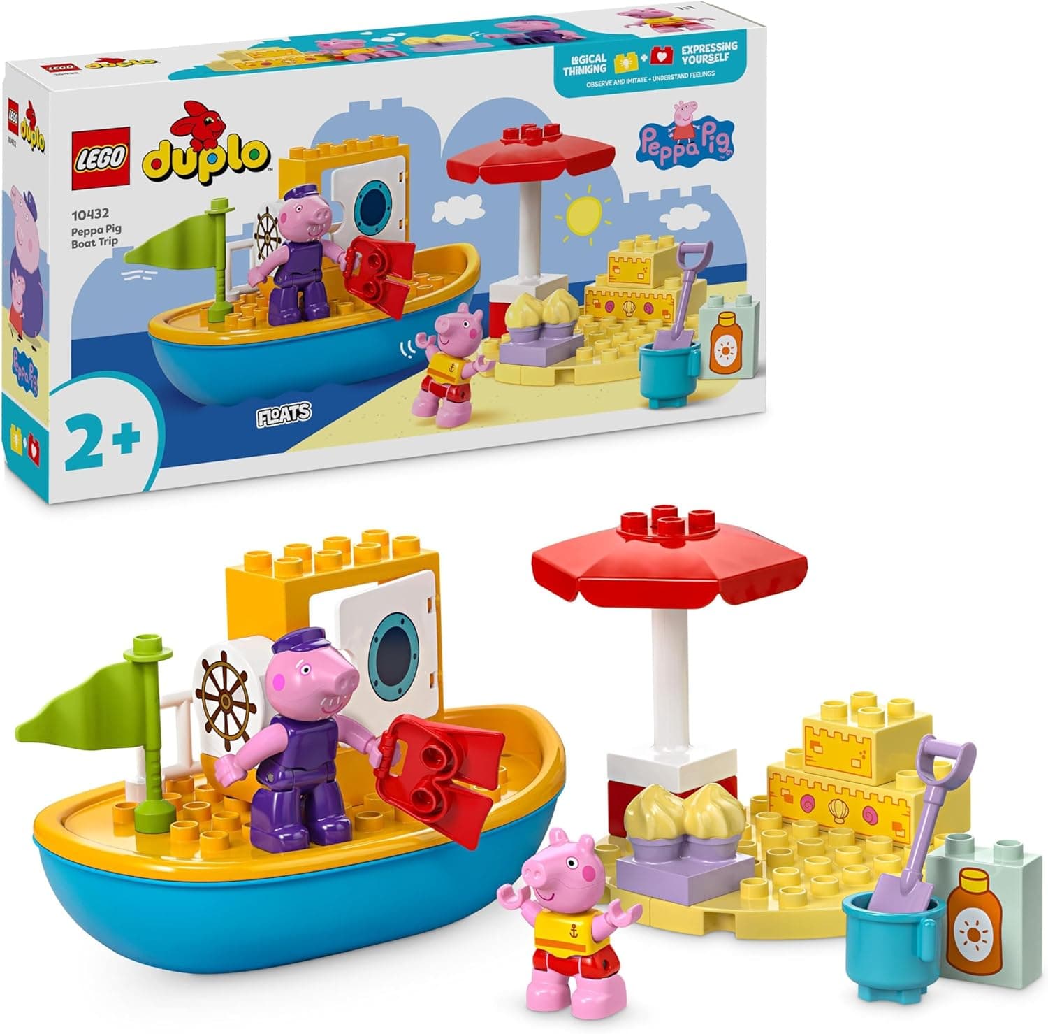 LEGO Duplo passeio de barco de Peppa Pig de brinquedo para a banheira, jogo infantil de aprendizagem para construir com 2 figuras de personagens, presente para meninas e meninos de 2 anos ou mais